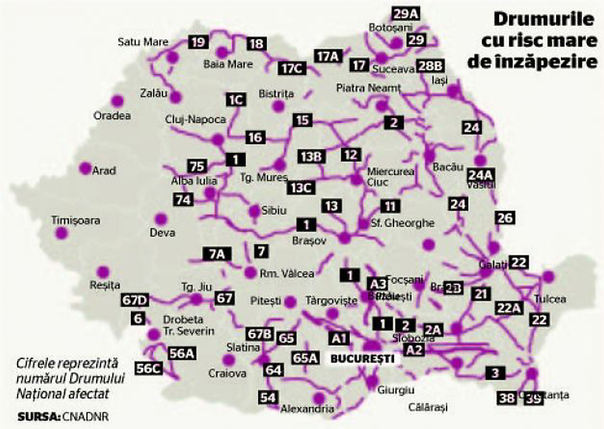 Harta drumurilor cu risc mare de înzăpezire. Mai mult de jumătate dintre ele nu vor putea fi folosite
