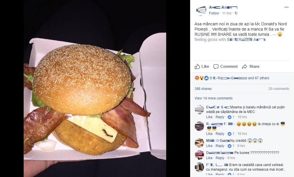 McDonalds Nord din Ploiești Sandwich de la McDonalds Nord din Ploiești cu insecte