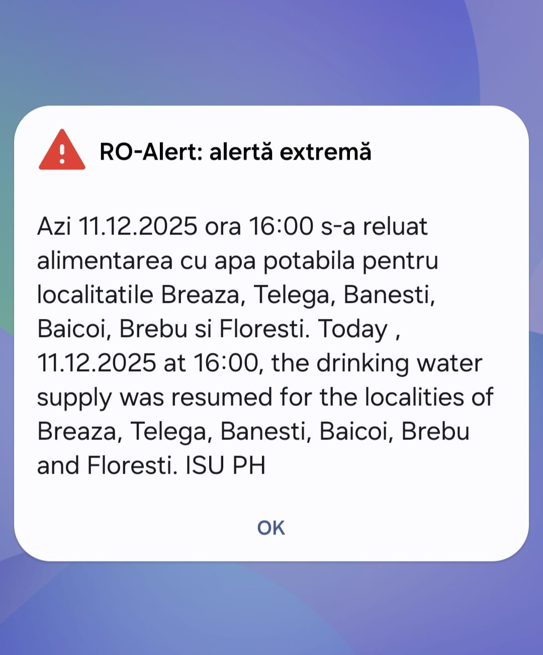 A fost emis mesaj RO-Alert