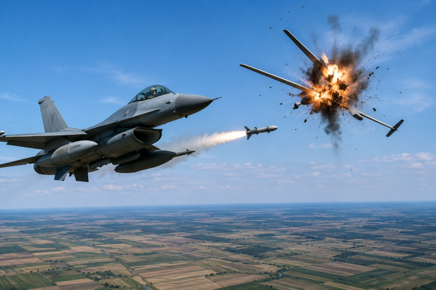 Dronă doborâtă de un F-16 românesc deasupra județului Buzău. MApN prezintă filmul intervenției/UPDATE